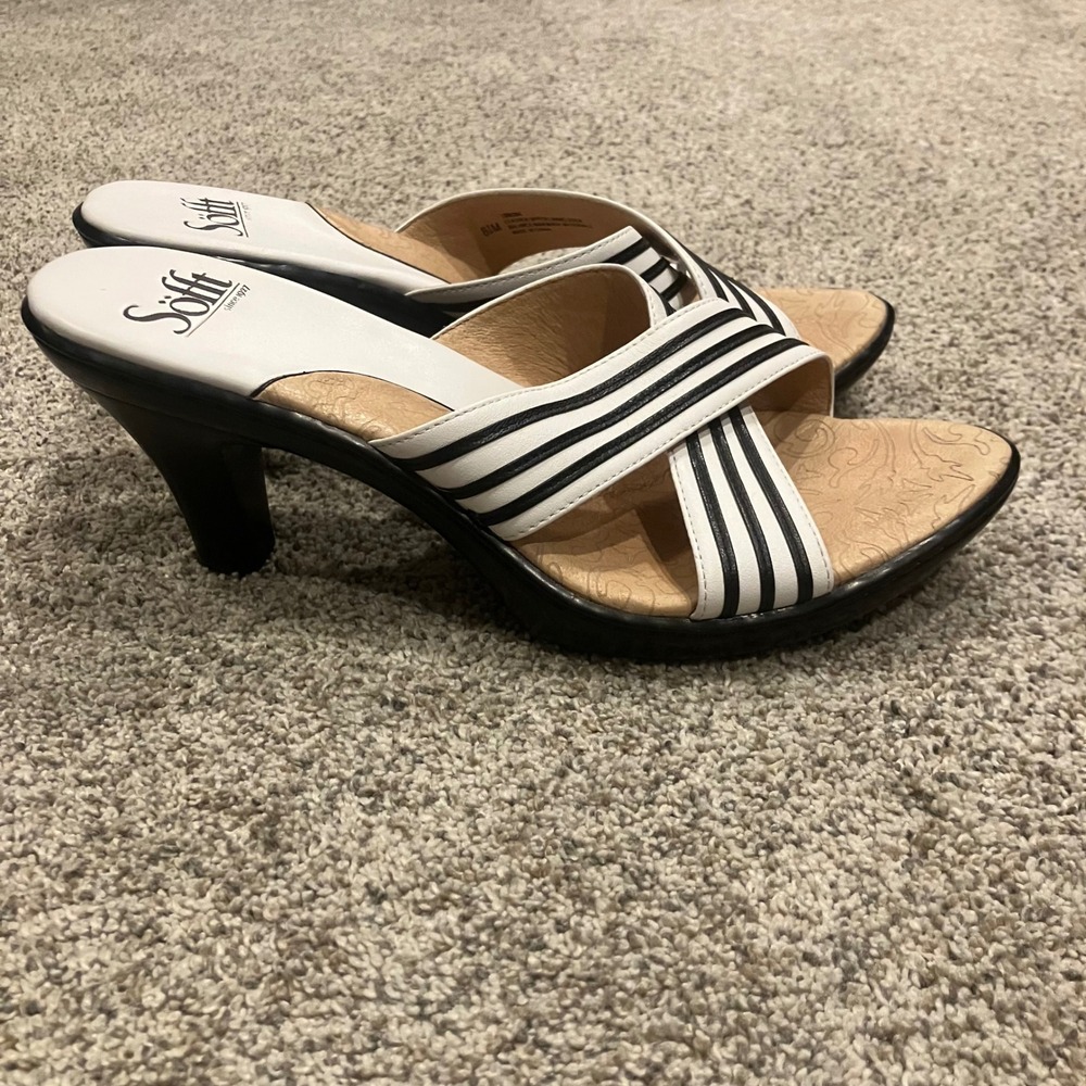 Sofft Womens Leather Striped Crisscross Slide Sandals Black White Heels 8.5M